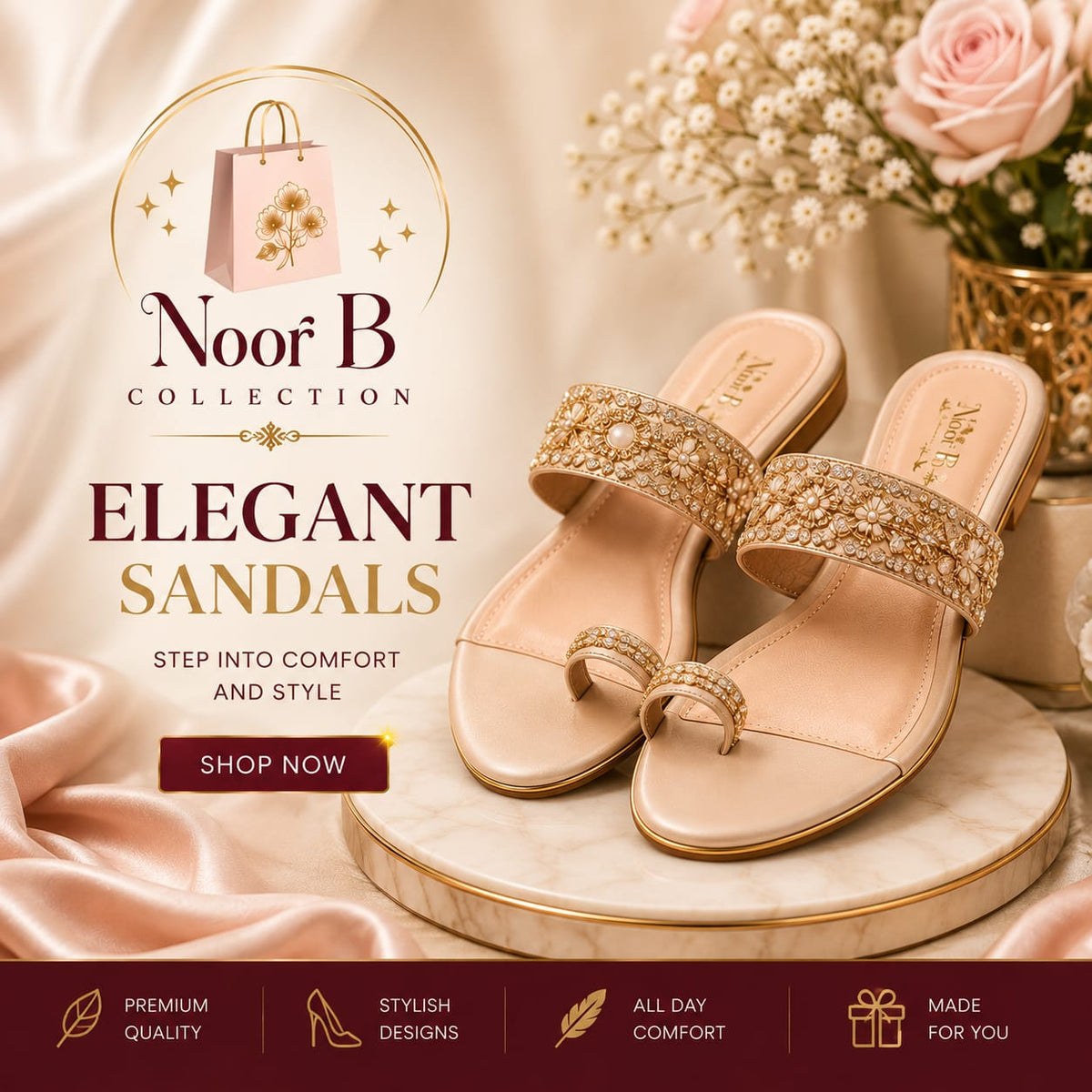 Elegant Women’s Embellished Sandals | Premium Floral Design with Comfortable Heels